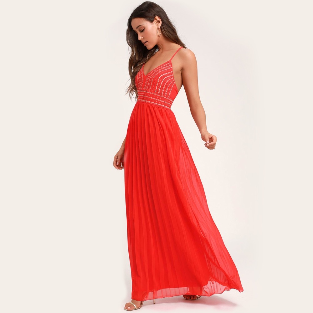 Lulu’s Glamorous Gala Red Embroidered Maxi Dress